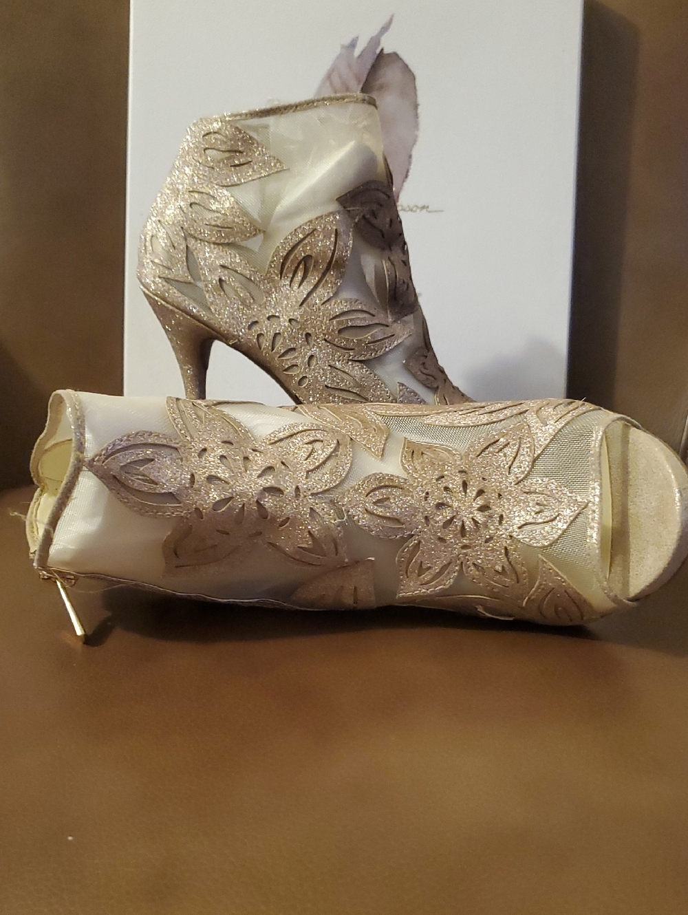 Jessica Simpson Gold Floral Embroidered Peep-Toe Heeled Booties